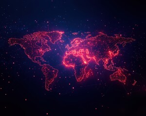 Fototapete - Glowing digital world map with neon red lines on dark blue background, representing global connection and network technology.