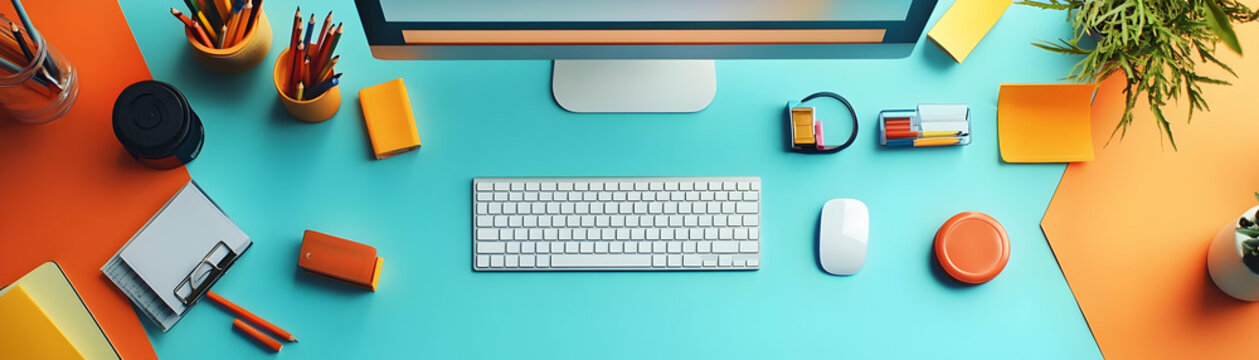Person with Computer and Office Supplies for IT Service concept as A person using a computer with office supplies around set against a blank background providing space for text or graphics symbolizing