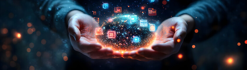Fototapete - Person with Magic Laptop and Floating Tech Icons concept as A person holding a magic laptop with floating tech icons set against a clean background providing space for text or graphics symbolizing IT 