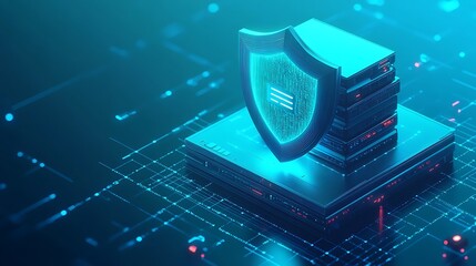 Poster - Digital security concept with shield over servers, representing data protection and cybersecurity in a virtual environment.