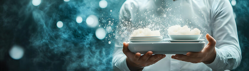 Fototapete - Person with Magic Oven and Floating Dishes concept as A person holding a magic oven with floating dishes set against a blank background offering space for text or graphics symbolizing catering service