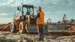 © Nany - A construction worker giving hand signals to a bulldozer excavator operator on a large excavation site