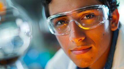 Poster - a man wearing safety goggles is looking at a glass object