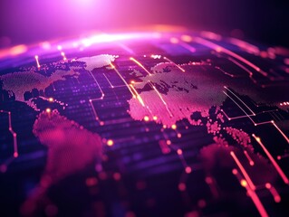 Aufkleber - Digital world map with neon lines and futuristic elements showcasing technology and connectivity on a global scale.
