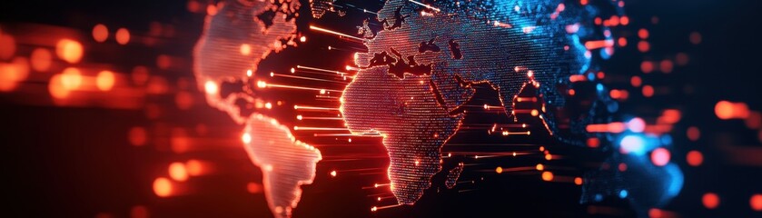 Poster - Digital world map with glowing data connections and network nodes, depicting global communication and technology, red and blue theme.