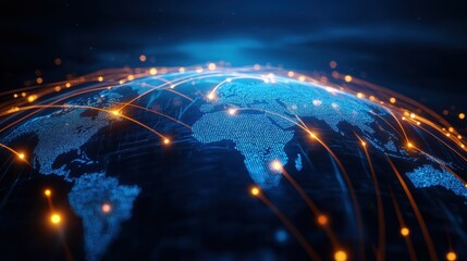 Leinwandbilder - Digital world map with glowing connections showing global communication network, data flow, and technology concepts.