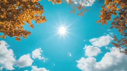 Wall Mural - A bright and clear midday sky with intense blue tones and the sun shining brightly overhead.