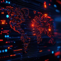 Leinwandbilder - Digital world map illuminated with red and blue lights, representing global data and connectivity in a futuristic design.