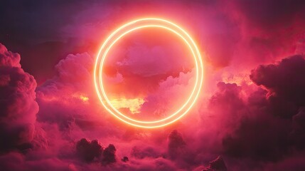 Sticker - Circular neon frame casts pink and yellow hues onto cloud formations, set against a dark, moody backdrop.