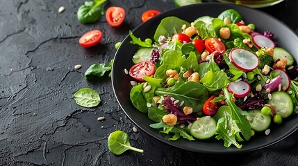 Side view of a dark plate filled with a mix of greens, nuts, and seeds, topped with honey mustard dressing, set against a dark matte surface, highlighting the vibrant colors and freshness,