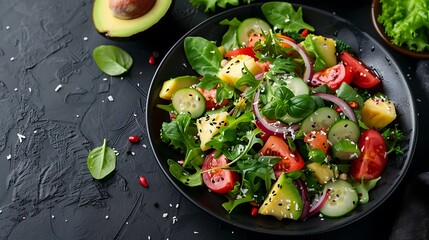 Side view of a dark plate filled with a tropical mix of fresh greens, pineapple, avocado, and a light coconut dressing, set against a dark matte surface, highlighting the vibrant colors and freshness,