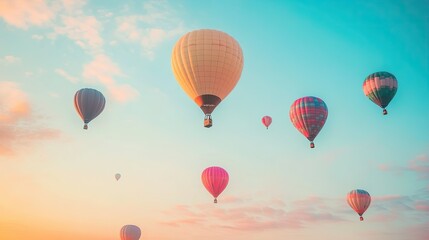 A sky filled with colorful hot air balloons floating gently above the horizon, creating a cheerful and uplifting scene.