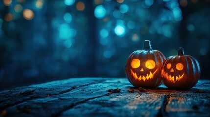 wo halloween lanterns with evil eyes and face on a wood table with a spooky dark blue background at night with light bokeh