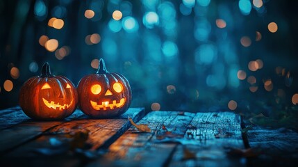 wo halloween lanterns with evil eyes and face on a wood table with a spooky dark blue background at night with light bokeh