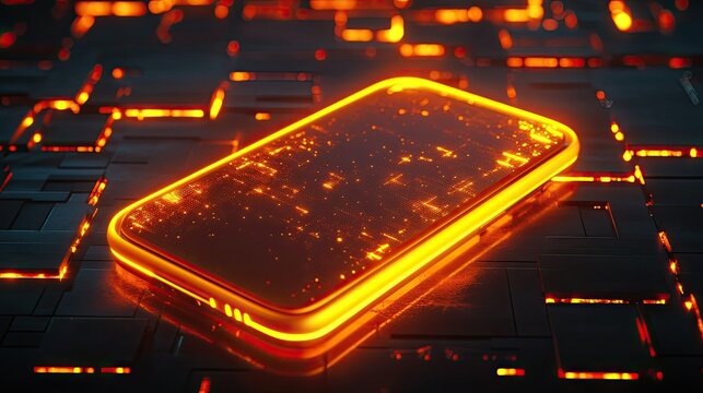 Dynamic orange and yellow neon phone icon, set against a dark, tech-inspired background with a glowing floor.