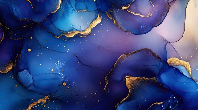 Fluid alcohol ink artwork in rich blues and purples with gold accents, creating a dynamic and eye-catching background for advertisements.