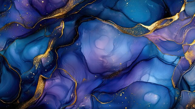 Fluid alcohol ink artwork in rich blues and purples with gold accents, creating a dynamic and eye-catching background for advertisements.