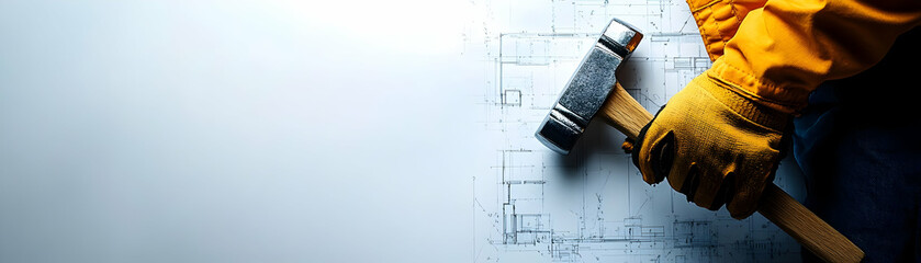 Person with Hammer and Blueprint for Building Service concept as A person holding a hammer and blueprint set against a blank background providing space for text or graphics symbolizing efficient and f