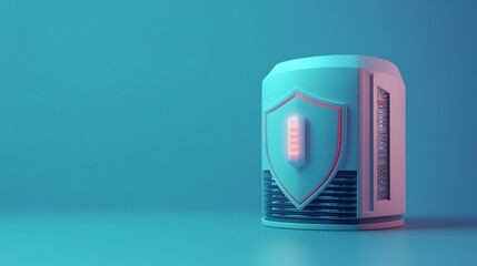 Poster - Futuristic data storage concept with a shield symbol representing cybersecurity and protection on a blue background.