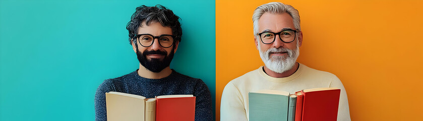 Wall Mural - Two Librarians with Books and Reading Glasses concept as Two librarians holding books and wearing reading glasses set against a clean background offering ample space for text or graphics symbolizing e