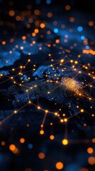 Leinwandbilder - Abstract network data visualization with interconnected nodes and glowing lights representing global communication and digital connectivity.