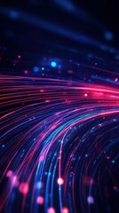 Fototapete - Abstract image of neon light trails with vibrant blue and pink colors, representing digital data flow and futuristic technology.