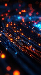 Fototapete - Abstract image of glowing blue and orange lines representing data flow and futuristic technology. Ideal for backgrounds and tech-related designs.