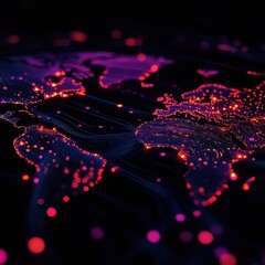Leinwandbilder - Abstract digital world map with glowing data points in pink and purple hues, highlighting global connectivity and technology.