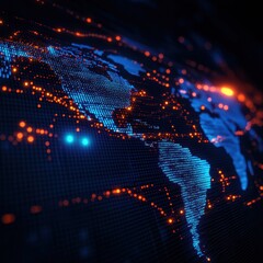 Poster - Abstract digital world map with glowing connections illustrating global networking and data exchange, suitable for technology and business concepts.