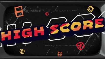 Poster - High score text animation over geometric shapes on dark background