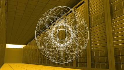 Poster - Animating geometric wireframe sphere over data center server racks