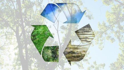 Poster - Recycling symbol animation over nature scenes with trees and sky