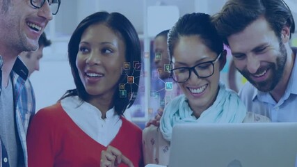 Poster - Smiling diverse colleagues with digital icons animation over laptop screen