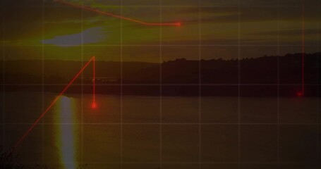 Poster - Red data points and lines animation over sunset landscape with water and hills