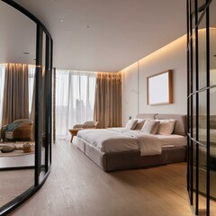 Wall Mural - Stylish hotel bedroom interior with sofa and bed, glass partition. Mockup frame
