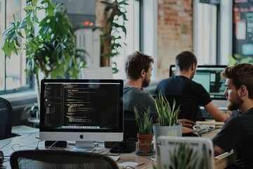 Canvas Print - a group of men sitting at a desk in front of a computer