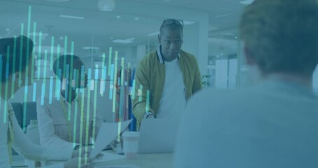 Poster - Business meeting with diverse team over financial data processing animation