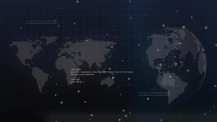Poster - World map with data points and coding animation over dark grid background