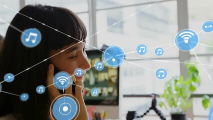 Poster - Talking on smartphone, woman surrounded by music and connectivity icons animation