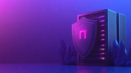 Poster - Futuristic server data center with cybersecurity shield, neon lighting. Secure digital technology, information protection concept.