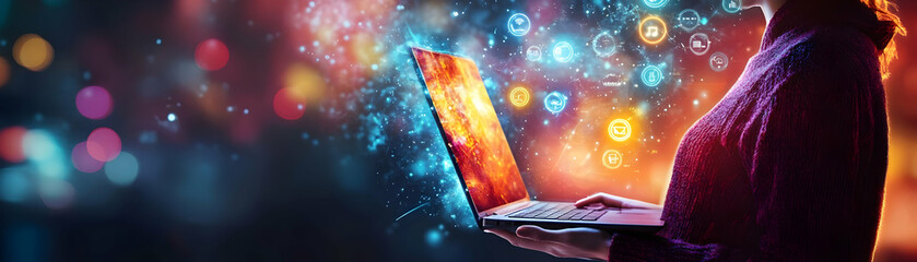 Fototapete - Person with Magic Laptop and Floating Tech Icons concept as A person holding a magic laptop with floating tech icons set against a clean background providing space for text or graphics symbolizing IT 