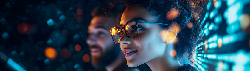 Poster - People with Glowing Warehouse Management Systems and Joyful Expressions concept as A group of people using glowing warehouse management systems with joyful expressions set against a fantastical backgr
