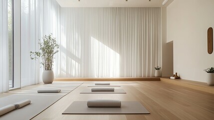 Minimalist yoga studio with clean lines, natural light, and simple decor, peaceful and uncluttered space