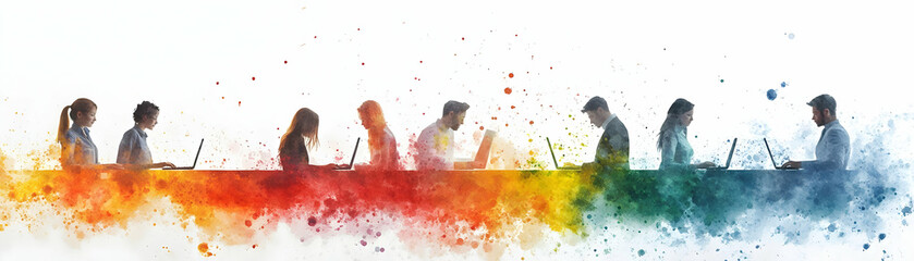 Poster - People with Watercolor Business Evaluations and Laptops concept as A group of people conducting watercolor business evaluations with laptops set against a fantastical background offering ample space f