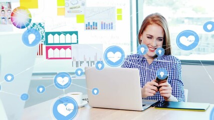 Poster - Social media notifications animation over woman working on laptop in office