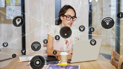 Poster - Wireless network connectivity animation over woman working on laptop in office