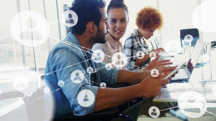 Poster - Network of connections animation over diverse people working on laptops and tablets