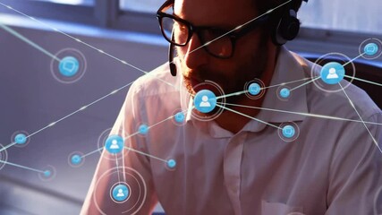 Poster - Network connections and communication animation over man wearing headset in office
