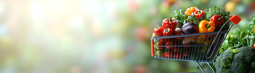 Wall Mural - Person with Shopping Cart and Groceries for Retail Service concept as A person pushing a shopping cart filled with groceries set against a blank background providing space for text or graphics symboli