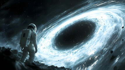 Wall Mural - Astronaut standing on a rocky surface staring at a swirling black hole in space.